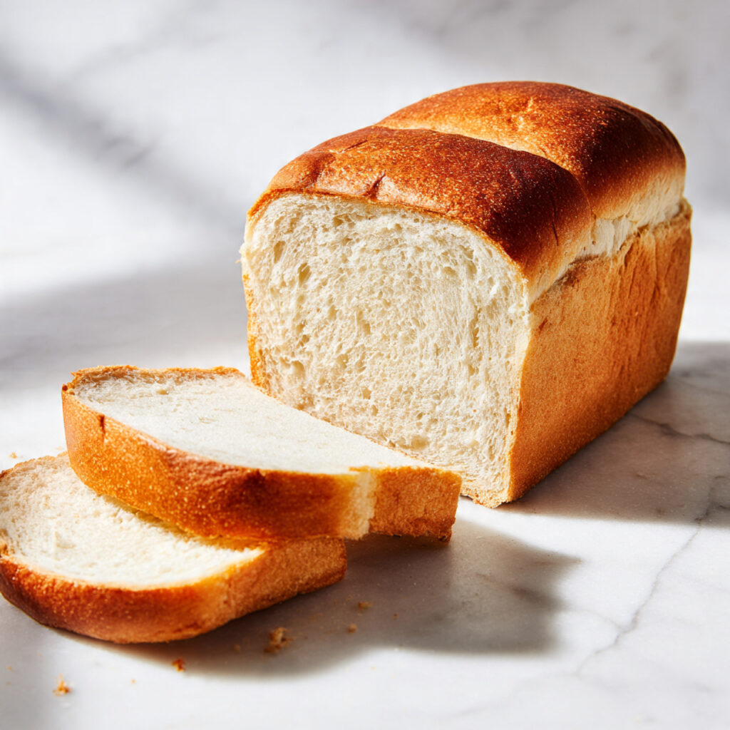 Sandwich Bread 1 Soft homemade sandwich bread loaf sliced with fluffy texture and golden crust on a white background
