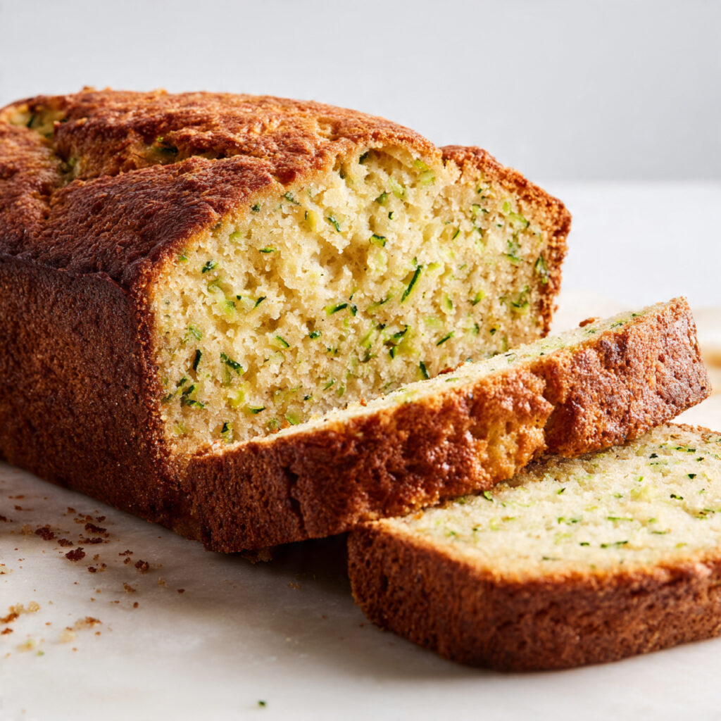 Zucchini Bread Recipe 1 Soft homemade zucchini bread loaf sliced with moist texture and light golden crust on a white background