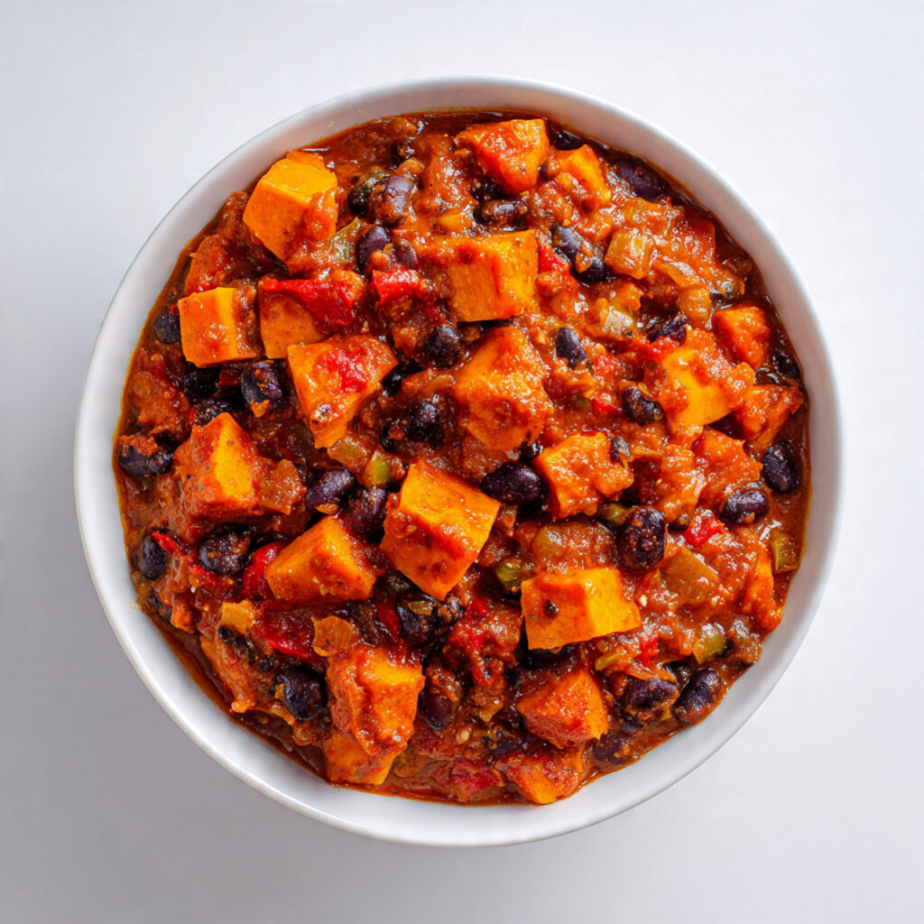 Sweet Potato Chili 3 Hearty sweet potato chili in a bowl with tender sweet potatoes, beans, and rich tomato sauce on a white background