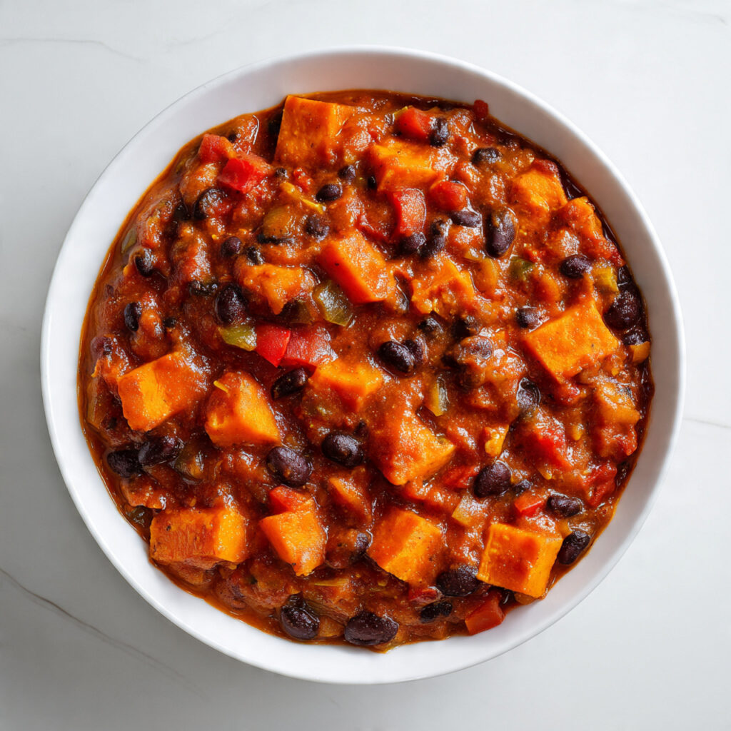 Sweet Potato Chili 1 Hearty sweet potato chili in a bowl with tender sweet potatoes, beans, and rich tomato sauce on a white background