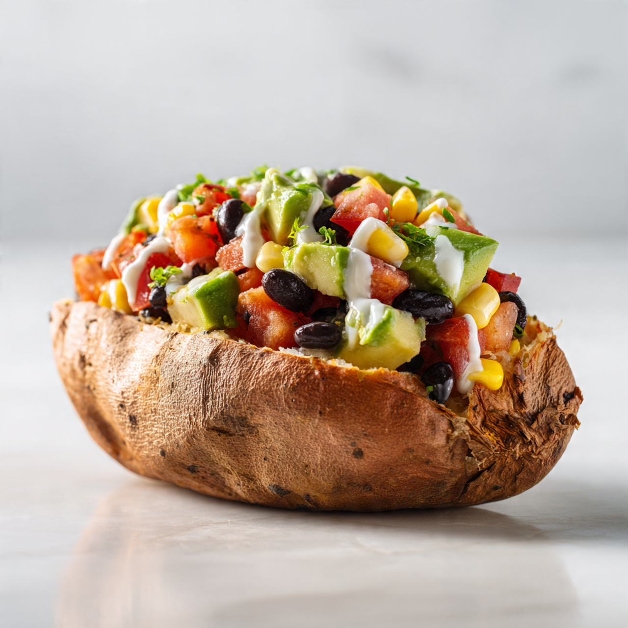 Baked sweet potato filled with beans, cheese, and veggies