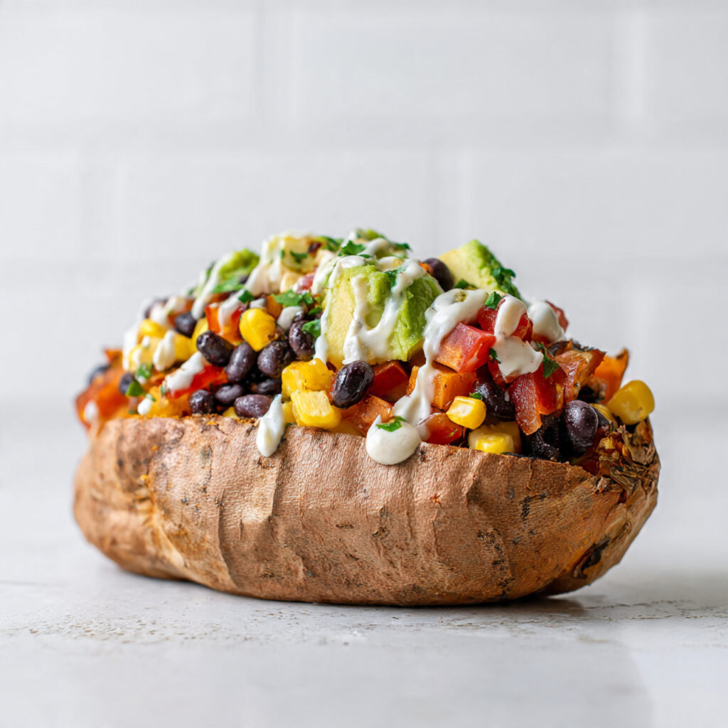 Loaded Sweet Potato 1 Loaded sweet potato with toppings served on white plate