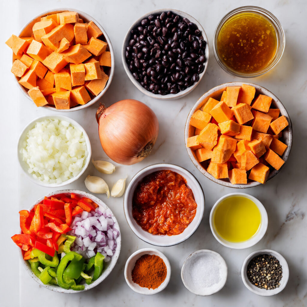 Sweet Potato Chili 2 clean flat lay of raw ingredients for sweet potato