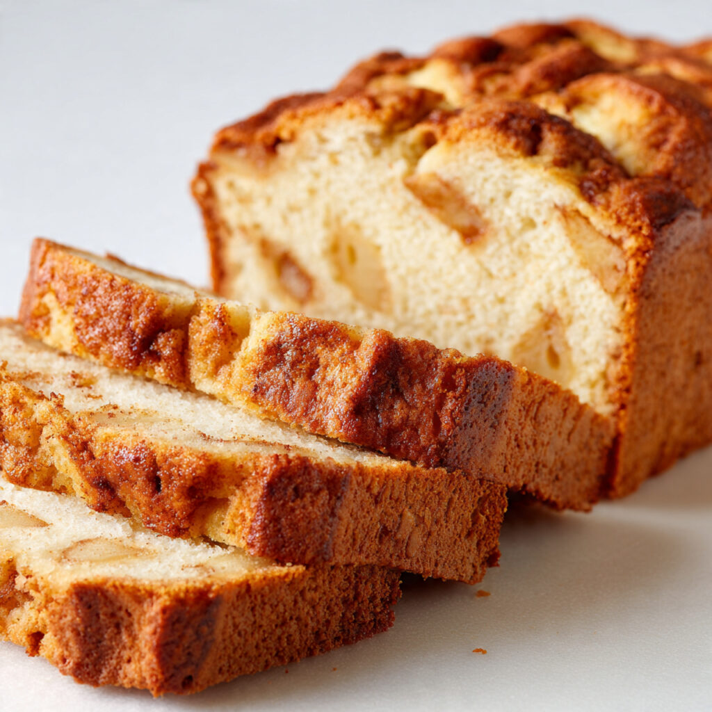 Apple Cinnamon Bread 1 Soft apple cinnamon bread slice with visible apple chunks and warm cinnamon flavor