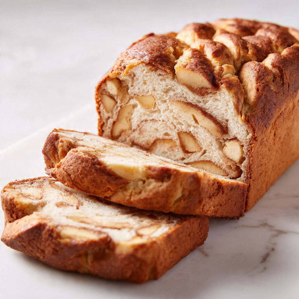 Apple Cinnamon Bread 3 Soft apple cinnamon bread slice with visible apple chunks and warm cinnamon flavor